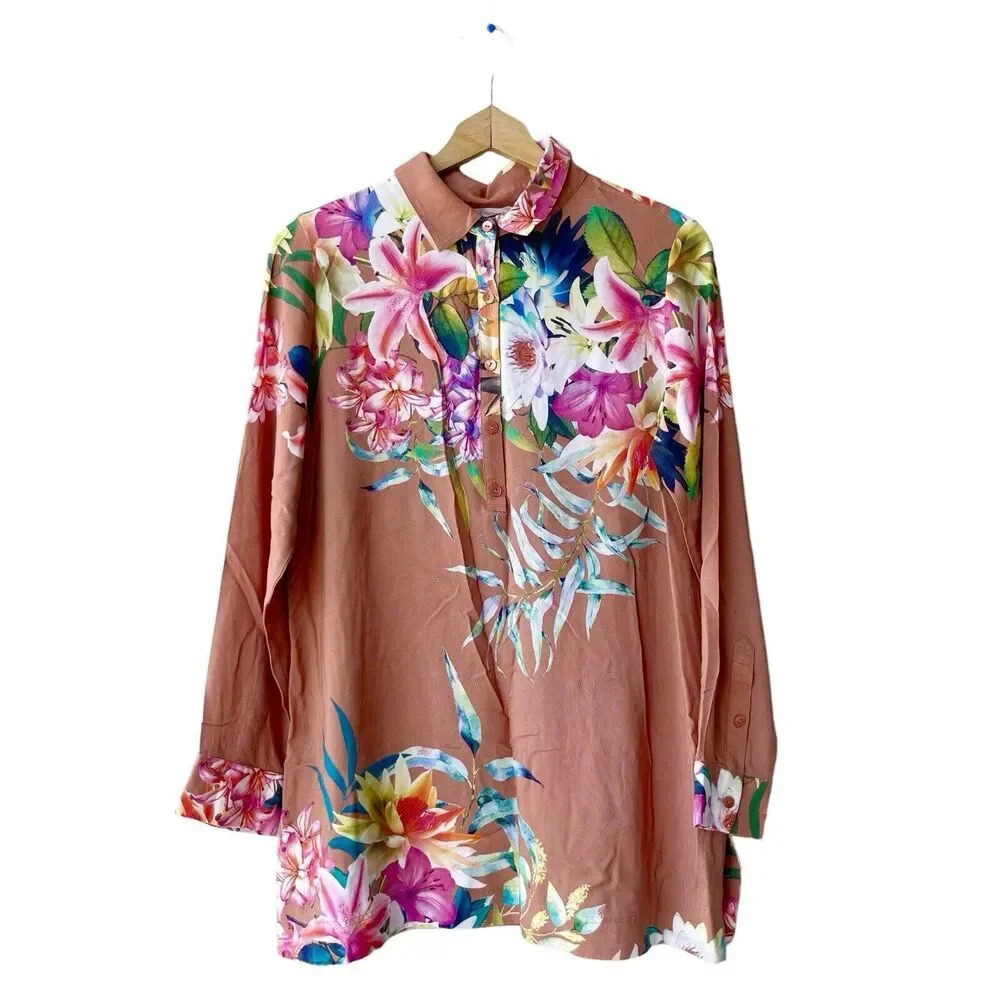 SOFT SURROUNDINGS Tunic Top Women’s Sz M Multicolor Vibrant Floral Long Sleeve